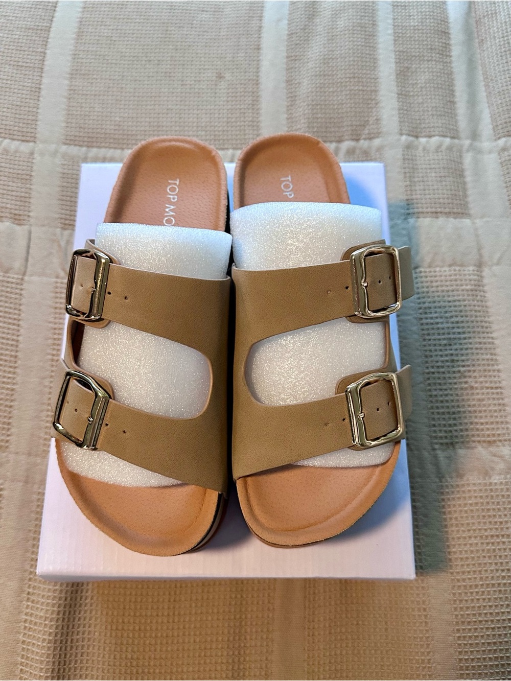 TOP Moda Double Buckle Slide Sandals in Tan with Gold Buckles